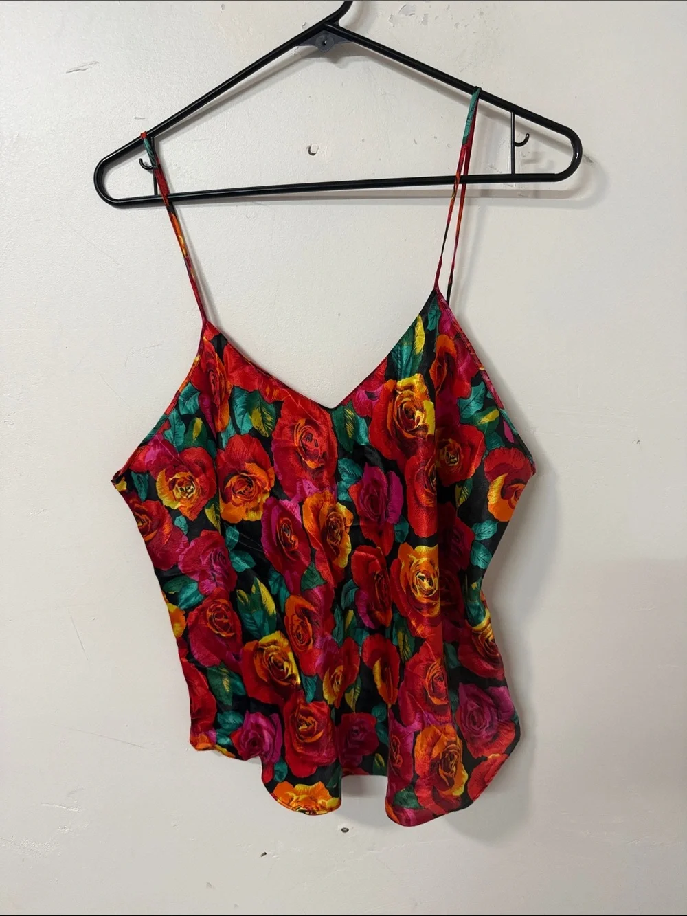 Floral Rose Print Satin Cami Top - Red Multi